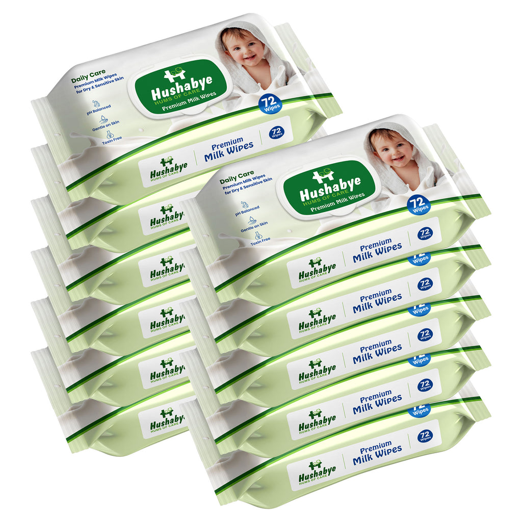 Hushabye Premium Milk Baby Wipes with lid- 0+ Months, pH balanced, Paraben & Alcohol Free, Moisturising & Thick Wipes with purified Water, Gentle & soothing, 792pcs, Pack of 11