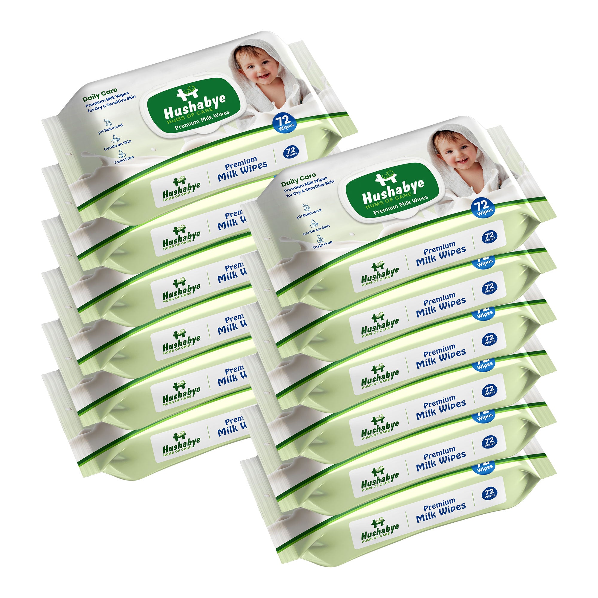 Hushabye Premium Milk Baby Wipes with lid- 0+ Months, pH balanced, Paraben & Alcohol Free, Moisturising & Thick Wipes with purified Water, Gentle & soothing, 864pcs, Pack of 12