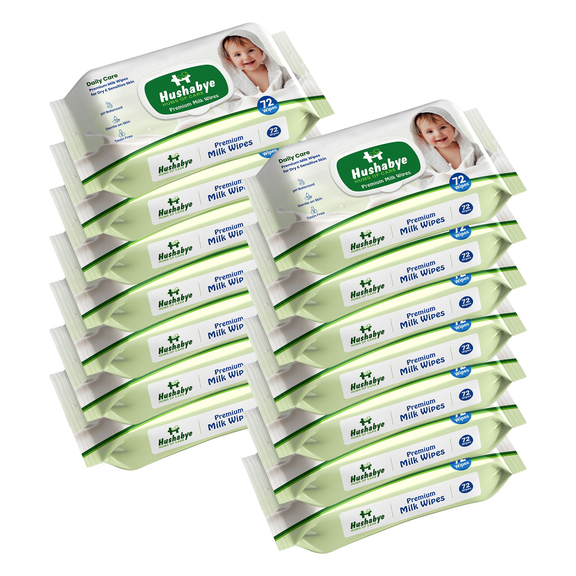 Hushabye Premium Milk Baby Wipes with lid- 0+ Months, pH balanced, Paraben & Alcohol Free, Moisturising & Thick Wipes with purified Water, Gentle & soothing, 1008pcs, Pack of 14