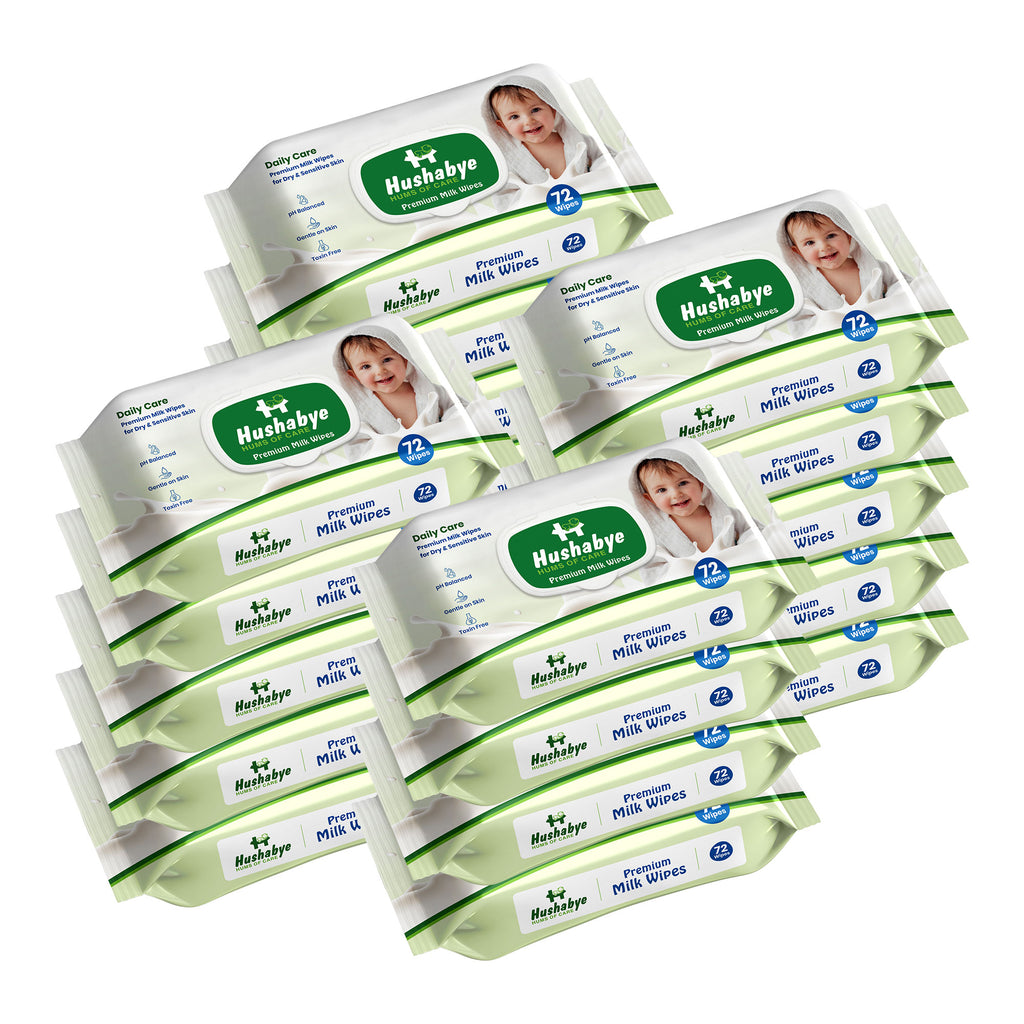 Hushabye Premium Milk Baby Wipes with lid- 0+ Months, pH balanced, Paraben & Alcohol Free, Moisturising & Thick Wipes with purified Water, Gentle & soothing, 1296pcs, Pack of 18