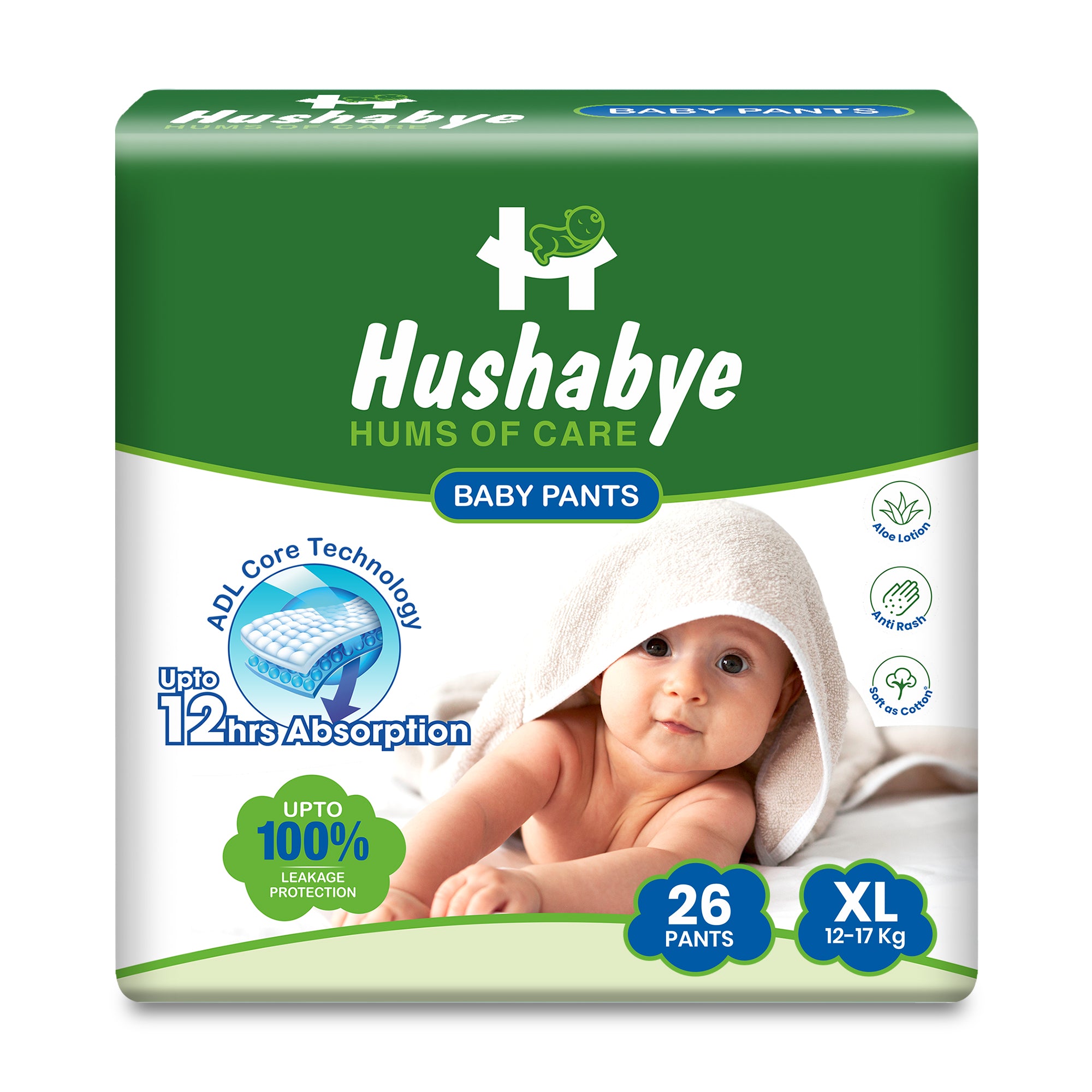 Hushabye Cotton Soft Baby Diapers Pants with Aloe Lotion | Anti-Rash, Gentle & Breathable | 12hrs Leakage protection, 3D Leak Guard & ADL Core | Extra Large (XL) | 12-17kg | 26 Count