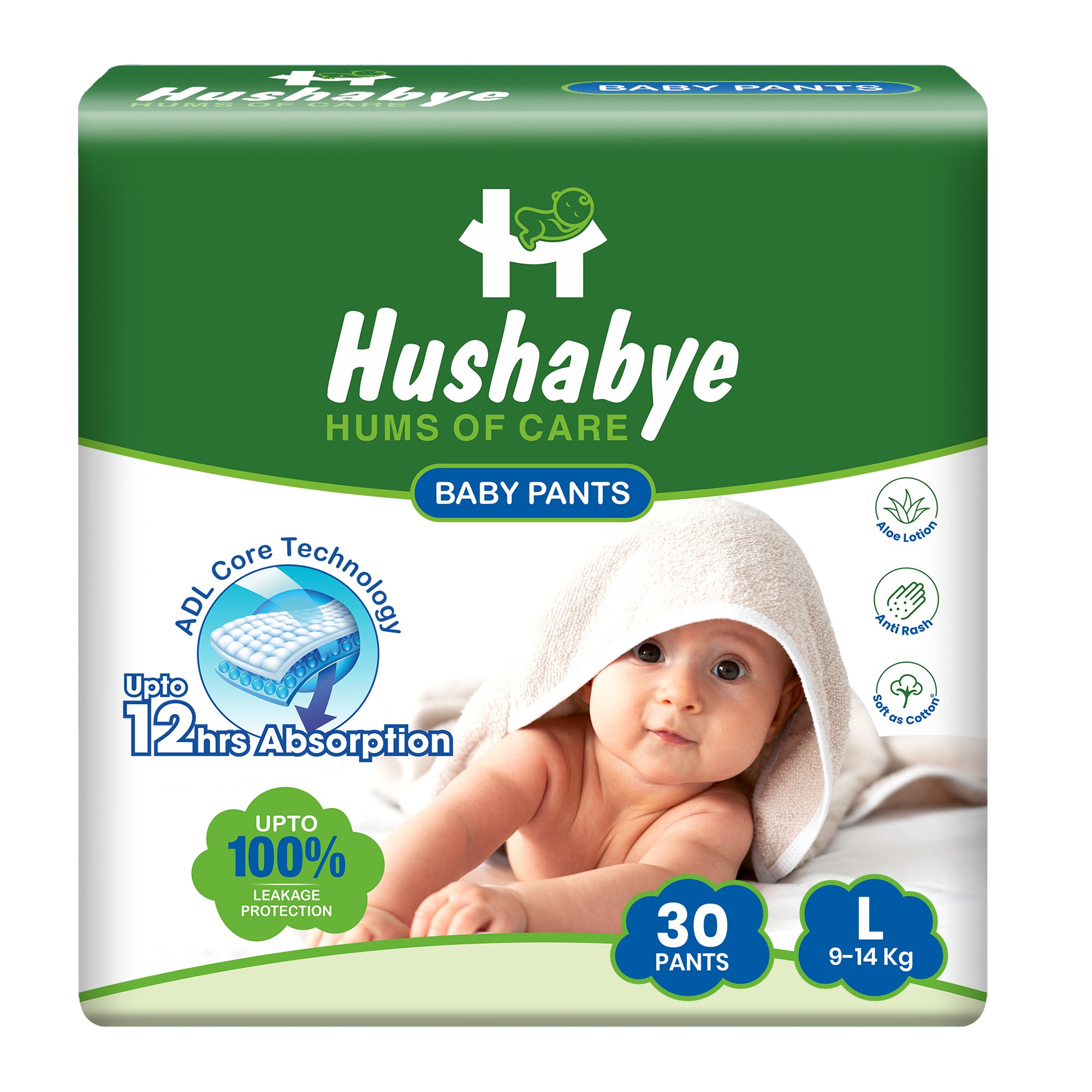 Hushabye Cotton Soft Baby Diapers Pants with Aloe Lotion | Anti-Rash & Breathable | 12hrs Leakage protection, 3D Leak Guard & ADL Core | Large (L) | 9-14kg | 60 Count, Pack of 2