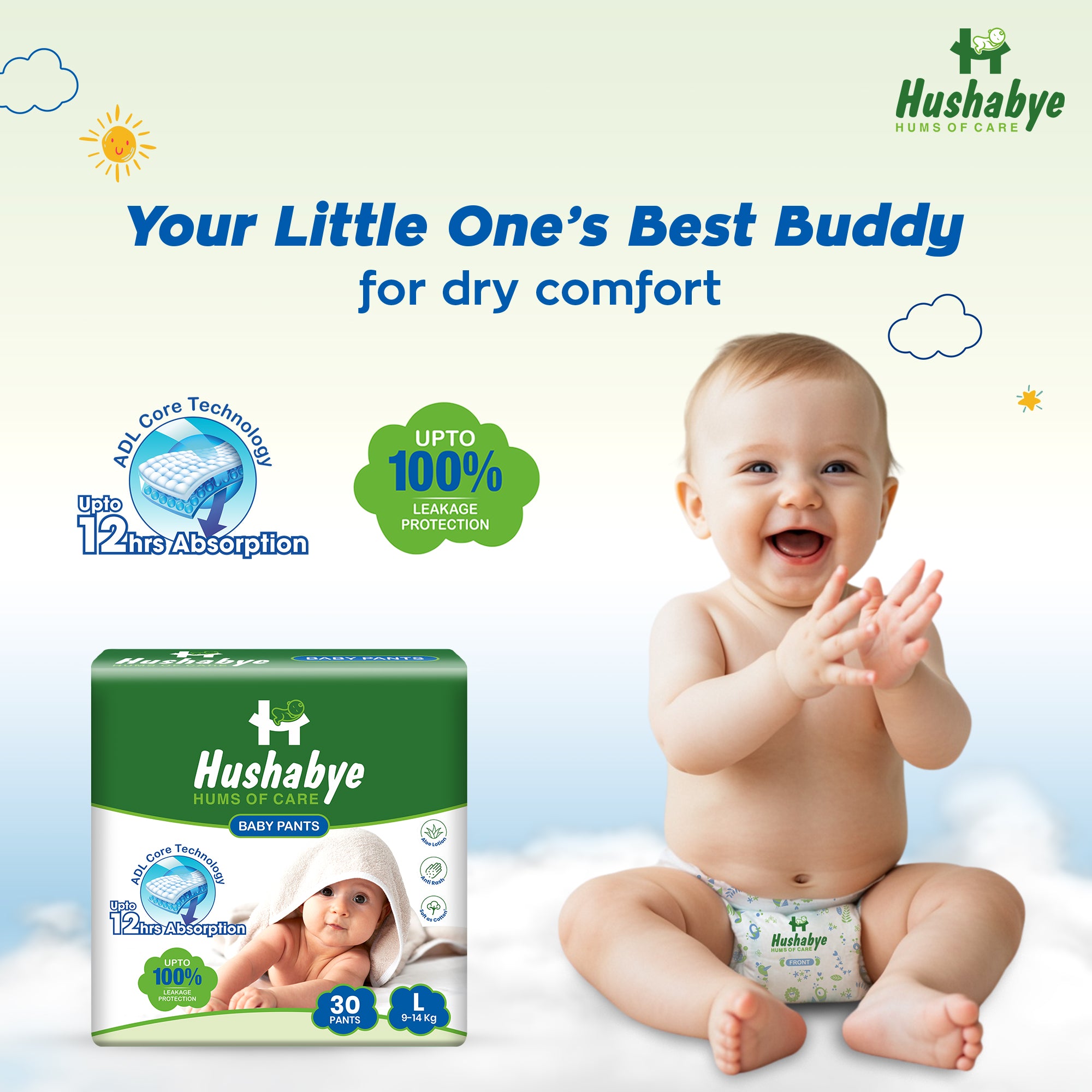 Hushabye Cotton Soft Baby Diapers Pants with Aloe Lotion | Anti-Rash & Breathable | 12hrs Leakage protection, 3D Leak Guard & ADL Core | Large (L) | 9-14kg | 60 Count, Pack of 2