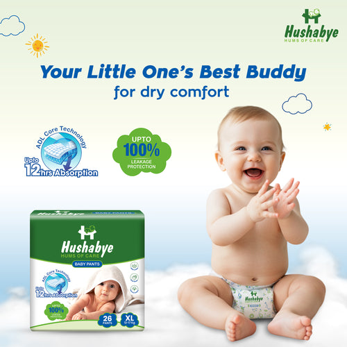 Hushabye Cotton Soft Baby Diapers Pants with Aloe Lotion | Anti-Rash & Breathable | 12hrs Leakage protection, 3D Leak Guard & ADL Core | (XL) for 12-17kg | 78 Count, Pack of 3