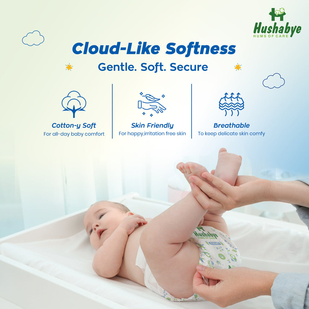 Hushabye Cotton Soft Baby Diapers Pants with Aloe Lotion | Anti-Rash & Breathable | 12hrs Leakage protection, 3D Leak Guard & ADL Core | (XL) for 12-17kg | 52 Count, Pack of 2