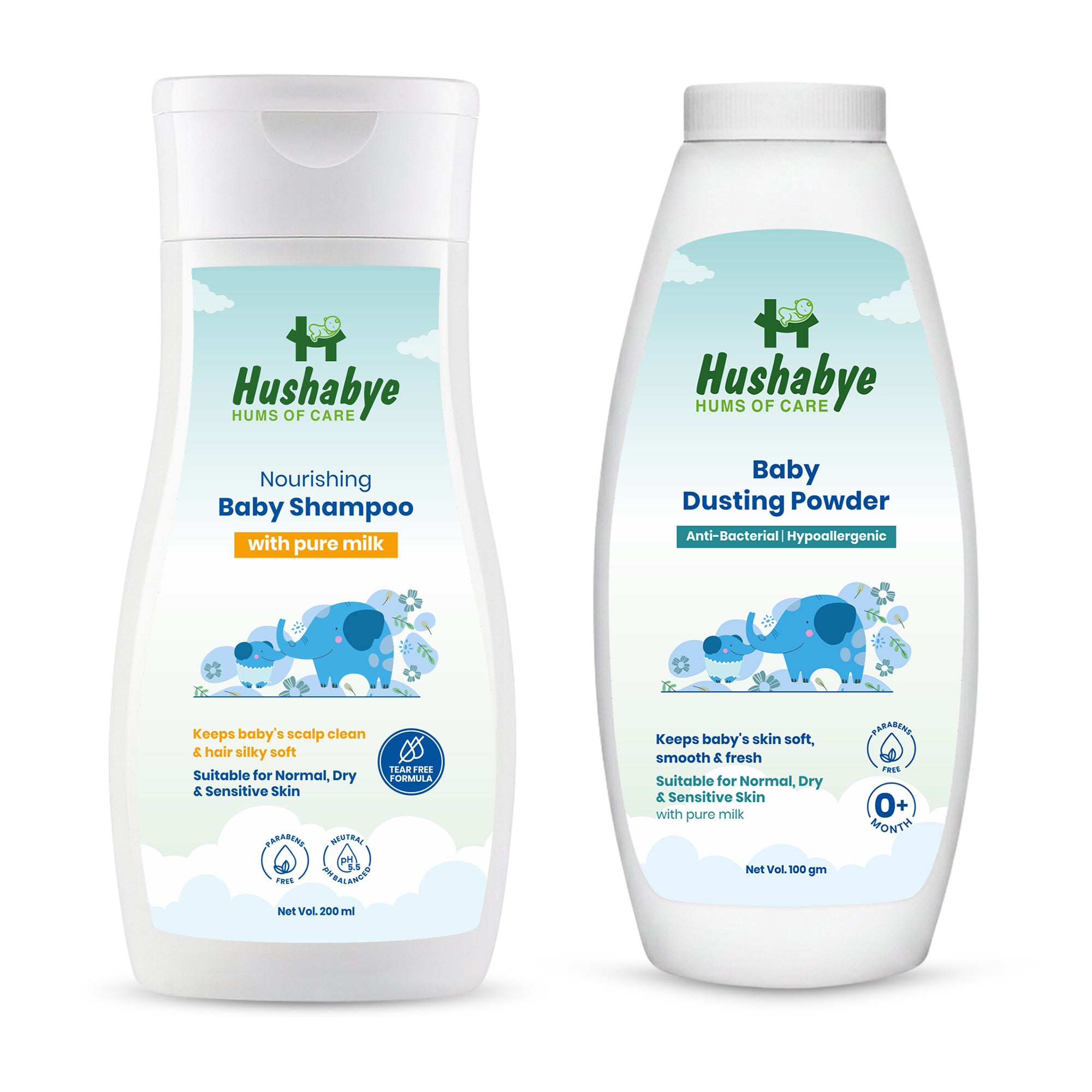 Hushabye Nourishing Baby Shampoo (200ml) & Baby Dusting Powder (100g) with Milk Protein | Tear-Free Formula, pH Balanced for All Skin Types | Newborn Care Gift Set, Combo Pack of 2