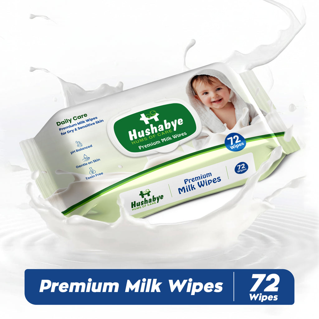 Hushabye Premium Milk Baby Wipes with lid- 0+ Months, pH balanced, Paraben & Alcohol Free, Moisturising & Thick Wipes with purified Water, Gentle & soothing, 864pcs, Pack of 12