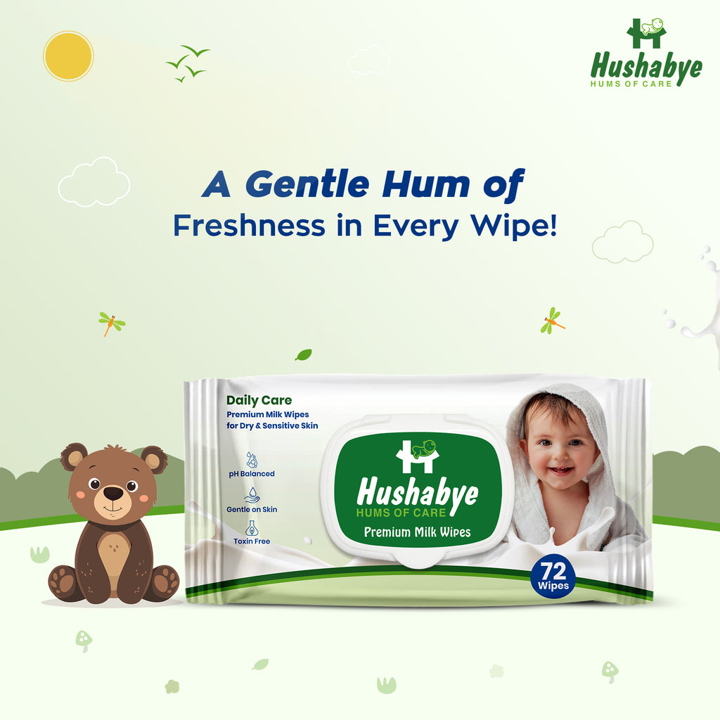 Hushabye Premium Milk Baby Wipes with lid- 0+ Months, pH balanced, Paraben & Alcohol Free, Moisturising & Thick Wipes with purified Water, Gentle & soothing, 864pcs, Pack of 12