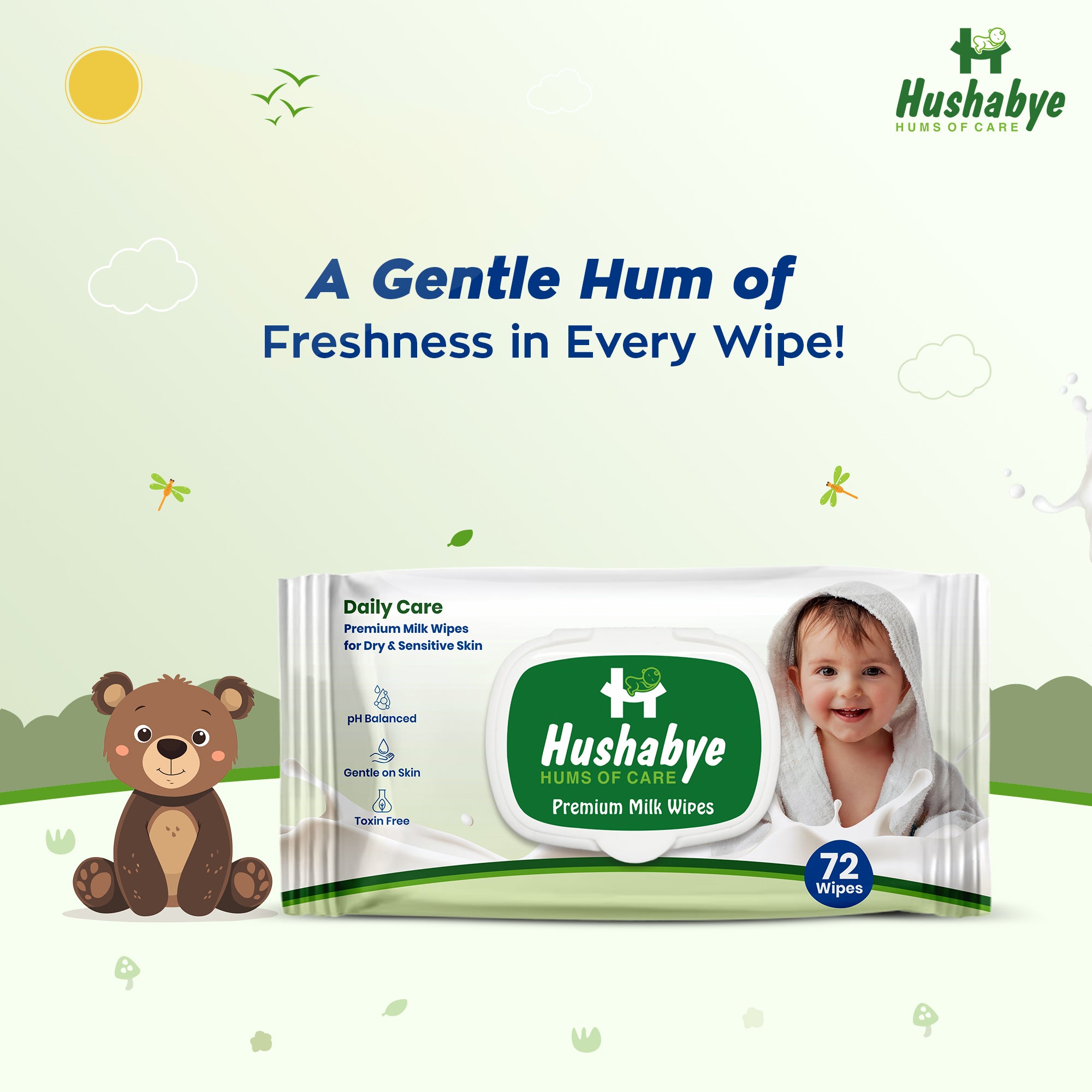 Hushabye Premium Milk Baby Wipes with lid- 0+ Months, pH balanced, Paraben & Alcohol Free, Moisturising & Thick Wipes with purified Water, Gentle & soothing, 864pcs, Pack of 12