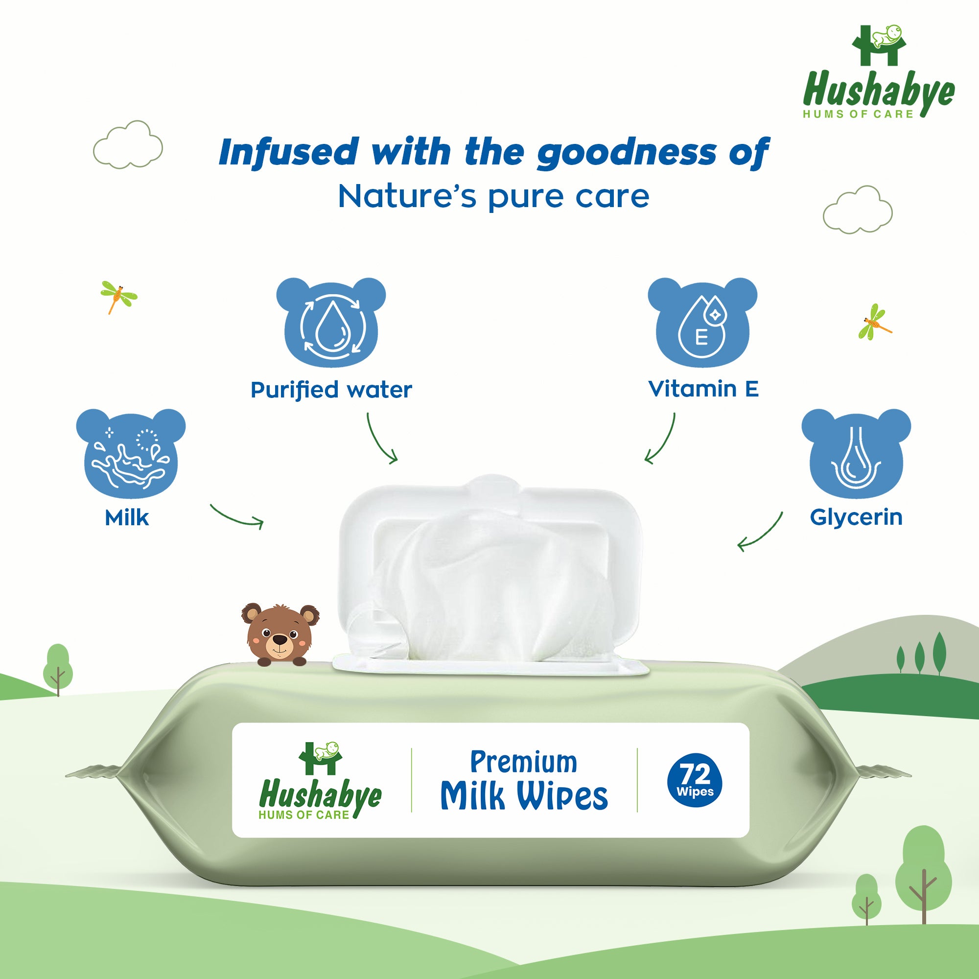 Hushabye Premium Milk Baby Wipes with lid- 0+ Months, pH balanced, Paraben & Alcohol Free, Moisturising & Thick Wipes with purified Water, Gentle & soothing, 864pcs, Pack of 12