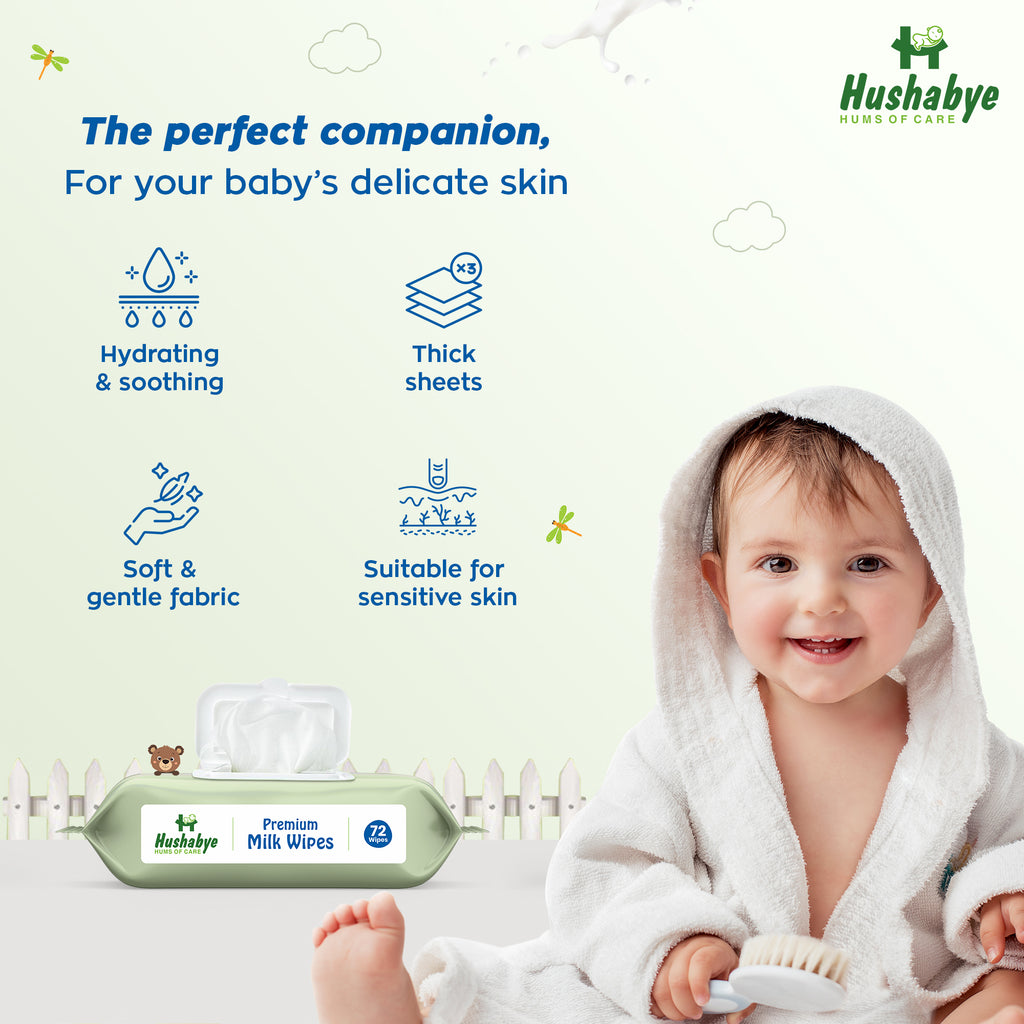 Hushabye Premium Milk Baby Wipes with lid- 0+ Months, pH balanced, Paraben & Alcohol Free, Moisturising & Thick Wipes with purified Water, Gentle & soothing, 864pcs, Pack of 12