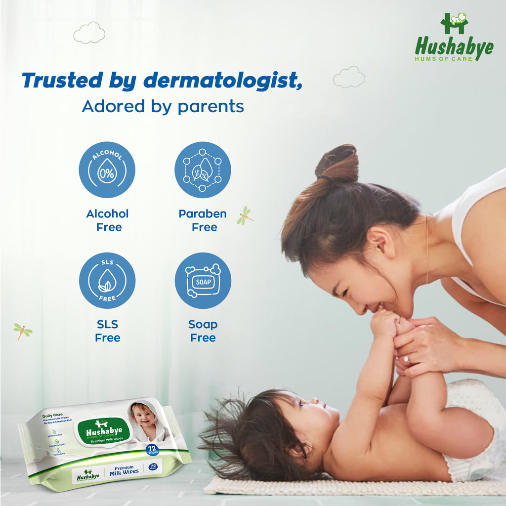 Hushabye Premium Milk Baby Wipes with lid- 0+ Months, pH balanced, Paraben & Alcohol Free, Moisturising & Thick Wipes with purified Water, Gentle & soothing, 864pcs, Pack of 12