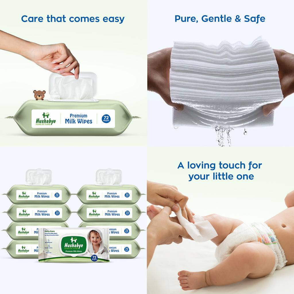 Hushabye Premium Milk Baby Wipes with lid- 0+ Months, pH balanced, Paraben & Alcohol Free, Moisturising & Thick Wipes with purified Water, Gentle & soothing, 864pcs, Pack of 12