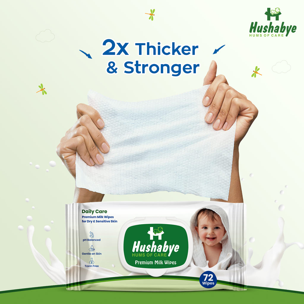 Hushabye Premium Milk Baby Wipes with lid- 0+ Months, pH balanced, Paraben & Alcohol Free, Moisturising & Thick Wipes with purified Water, Gentle & soothing, 864pcs, Pack of 12