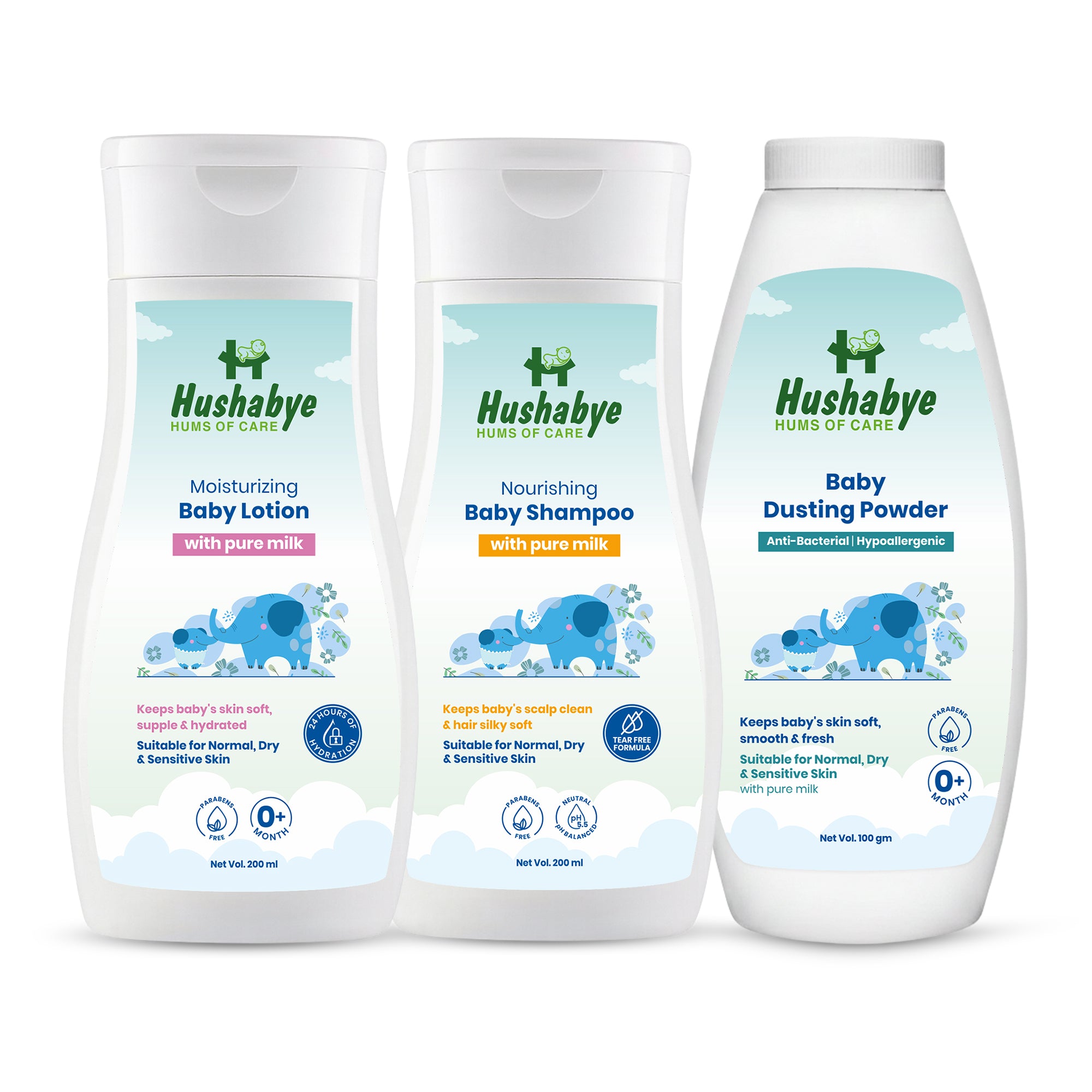 Hushabye Moisturizing Baby Lotion (200ml), Nourishing Shampoo (200ml) & Dusting Powder (100g) with Milk Protein | pH Balanced for All Skin Types | Newborn Care Gift Set, Combo Pack of 3