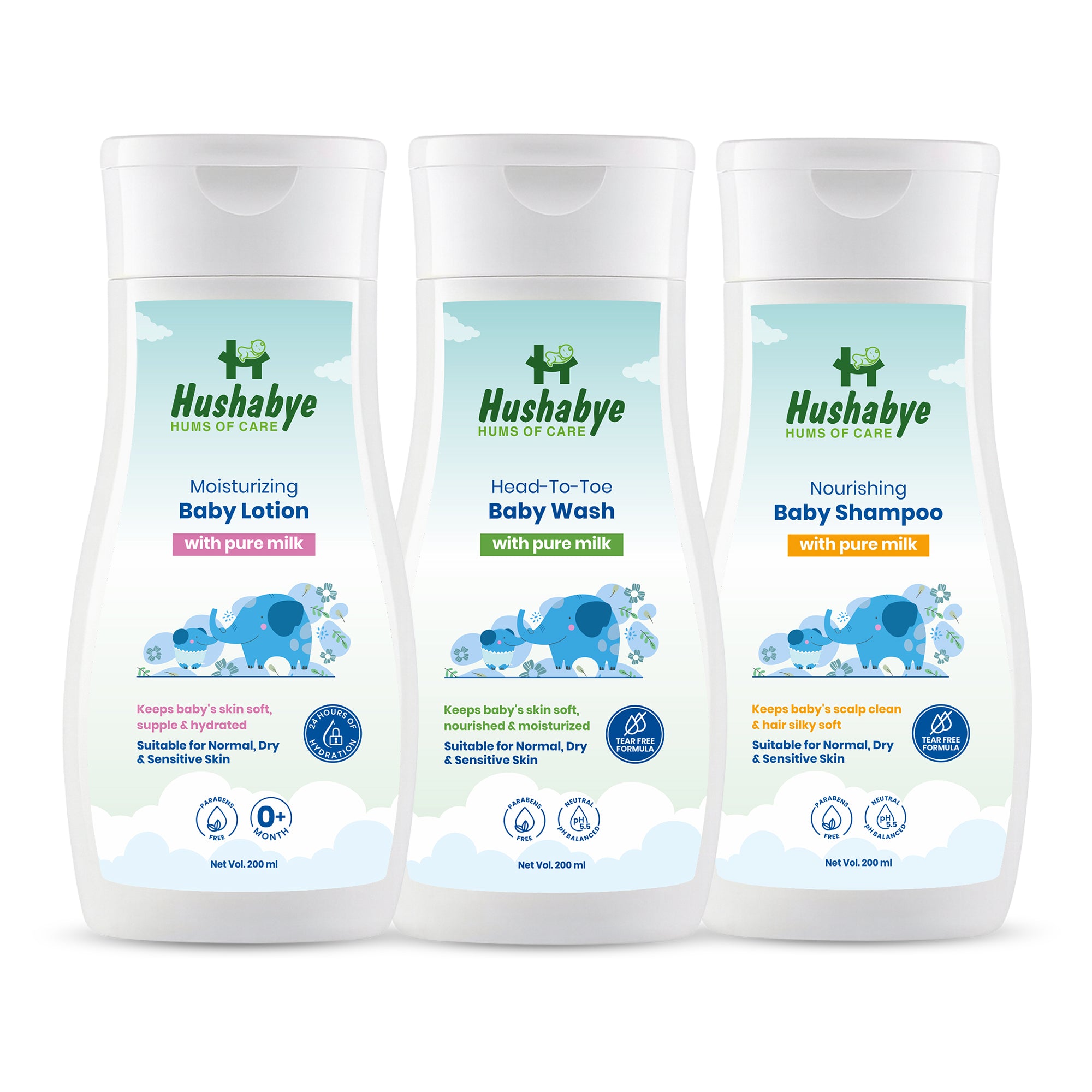 Hushabye Moisturizing Baby Lotion, Head to Toe Wash & Nourishing Shampoo with Milk Protein | pH Balanced for All Skin Types | Newborn Care Gift Set, 200ml Each, Combo Pack of 3