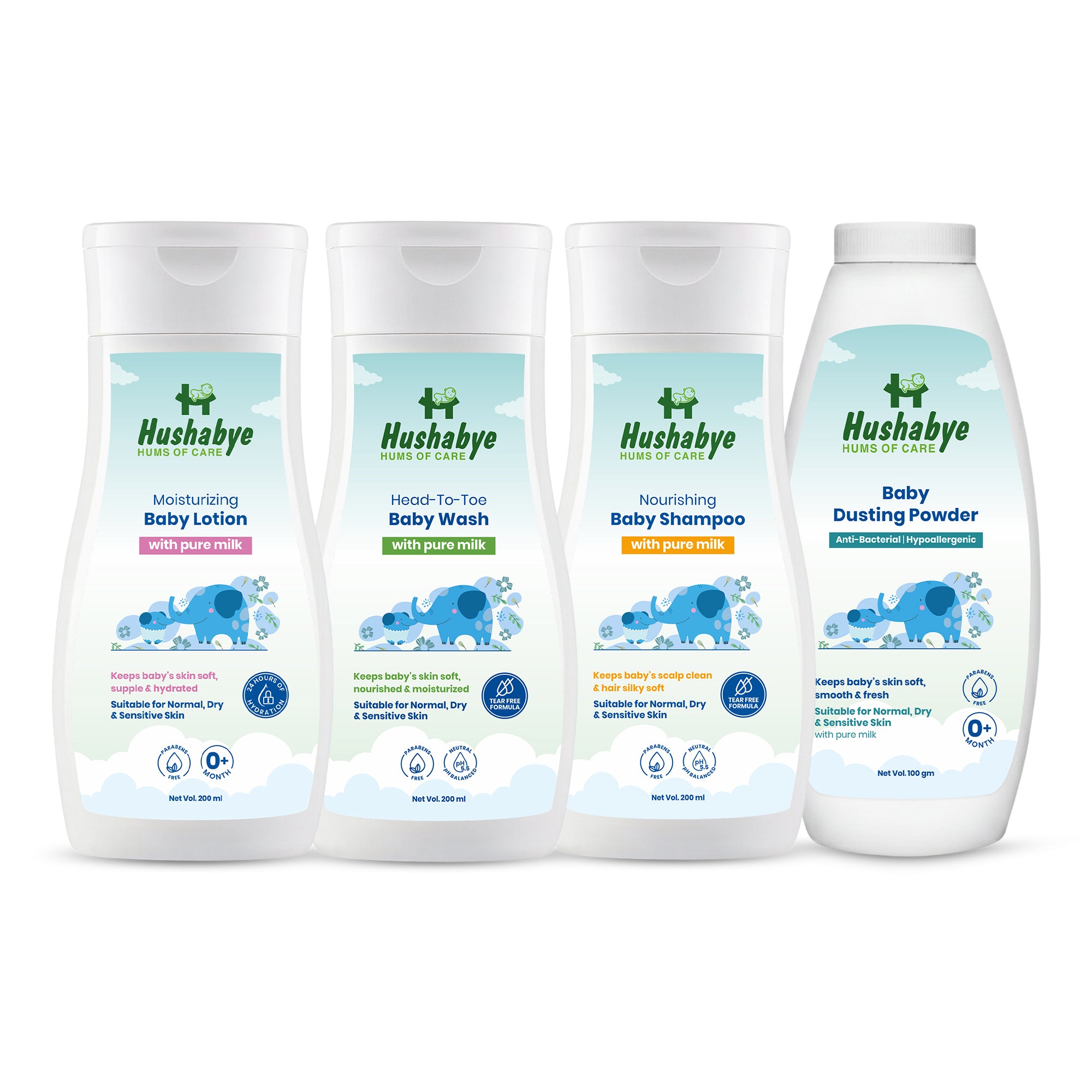 Hushabye Moisturizing Baby Lotion(200ml), Head to Toe Wash(200ml), Nourishing Shampoo(200ml) & Dusting Powder (100g) with Milk Protein, for All Skin Types | Newborn Care Gift Set, Combo Pack of 4