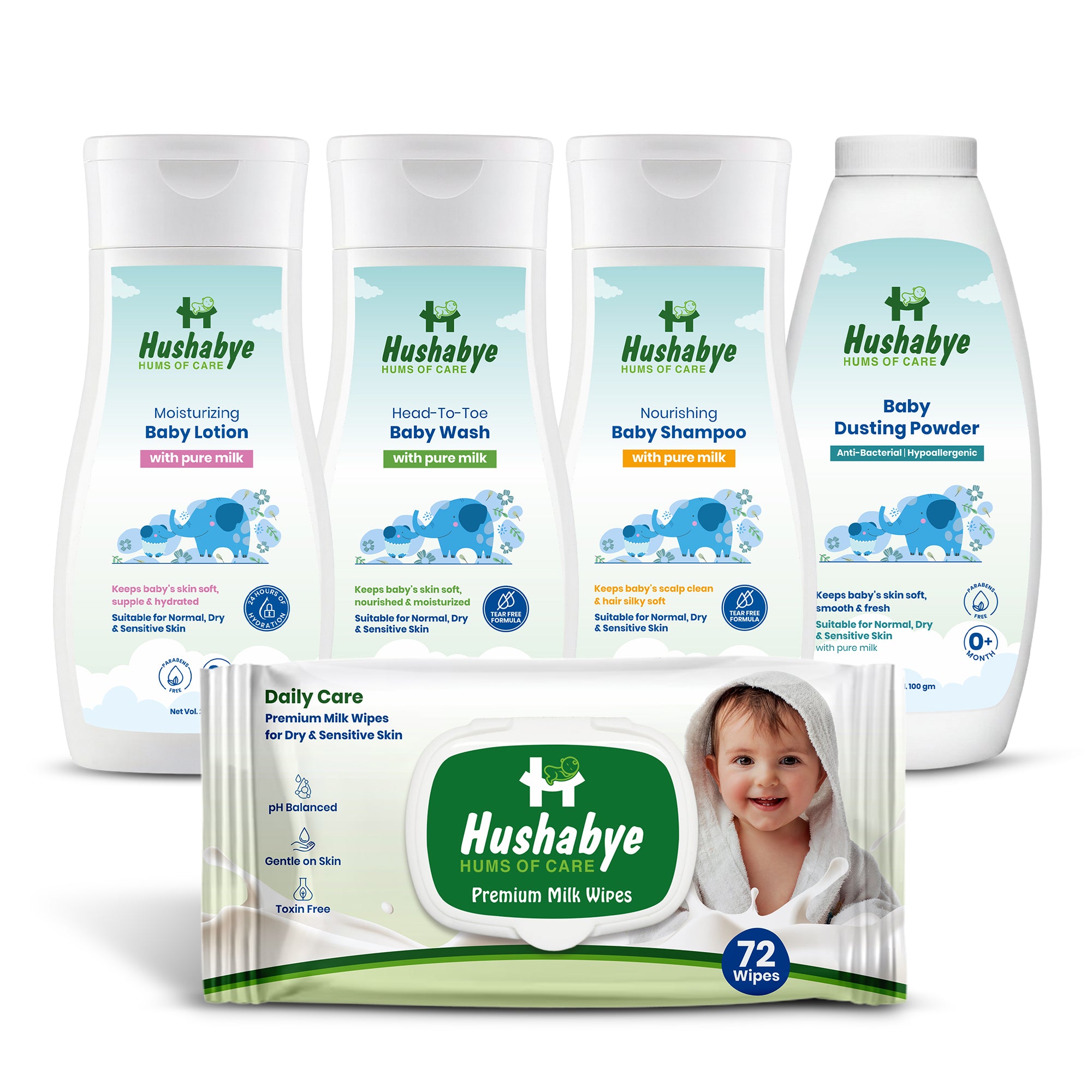 Hushabye Head to Toe Baby Wash (200ml), Nourishing Shampoo (200ml), Premium Milk Wipes (72pcs) & Dusting Powder (100g) with Milk, for All Skin Types | Newborn Care Gift Set, Combo Pack of 5