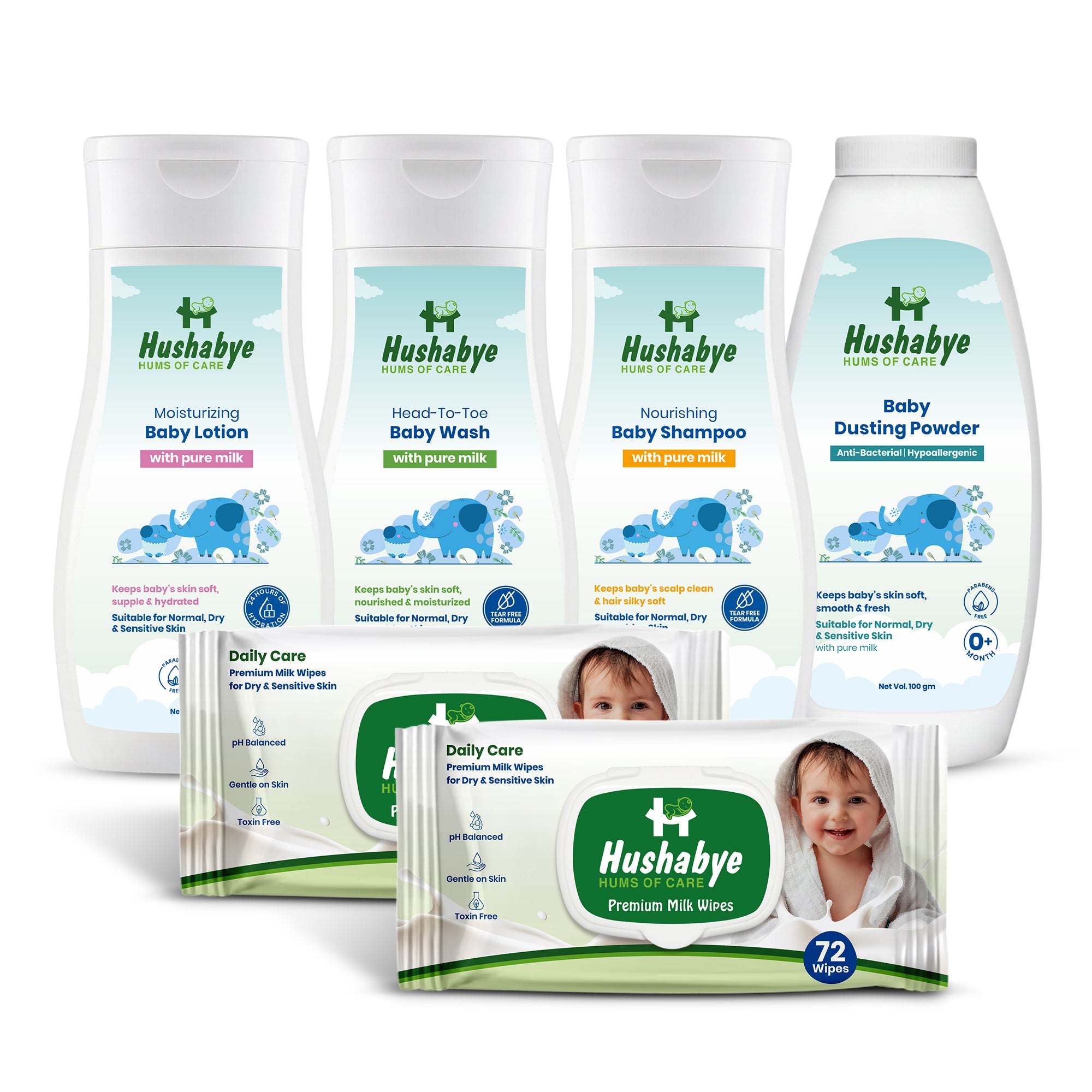 Hushabye Head to Toe Baby Wash (200ml), Nourishing Shampoo (200ml), Premium Milk Wipes (144pcs) & Dusting Powder (100g) with Milk, for All Skin Types | Newborn Care Gift Set, Combo Pack of 5