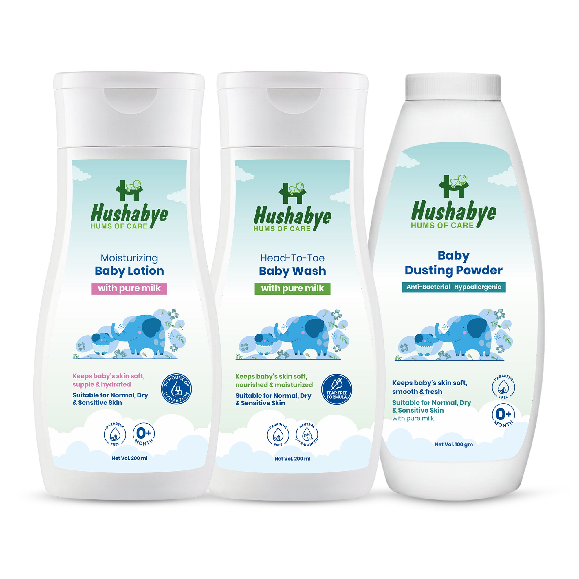 Hushabye Moisturizing Baby Lotion (200ml), Head to Toe Wash (200ml) & Dusting Powder (100g) with Milk Protein | pH Balanced for All Skin Types | Newborn Care Gift Set, Combo Pack of 3