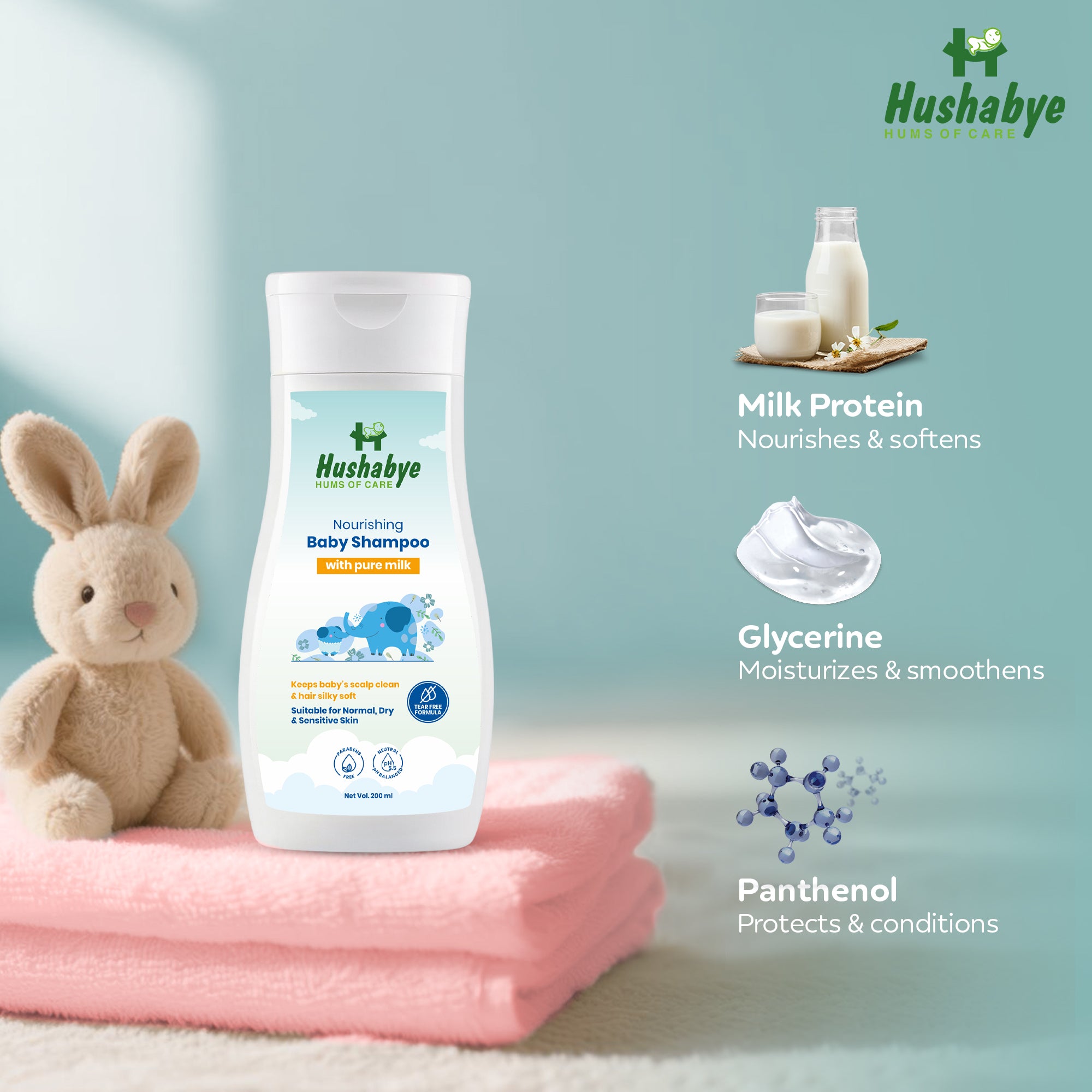 Hushabye Milky Soft Baby Shampoo - 200ml, Tear Free Formula, 5.5 pH Balanced, with Milk Protein, Vitamin B5 & Glycerin, Paraben & sulphate Free, dermatologically tested, Pack of 1