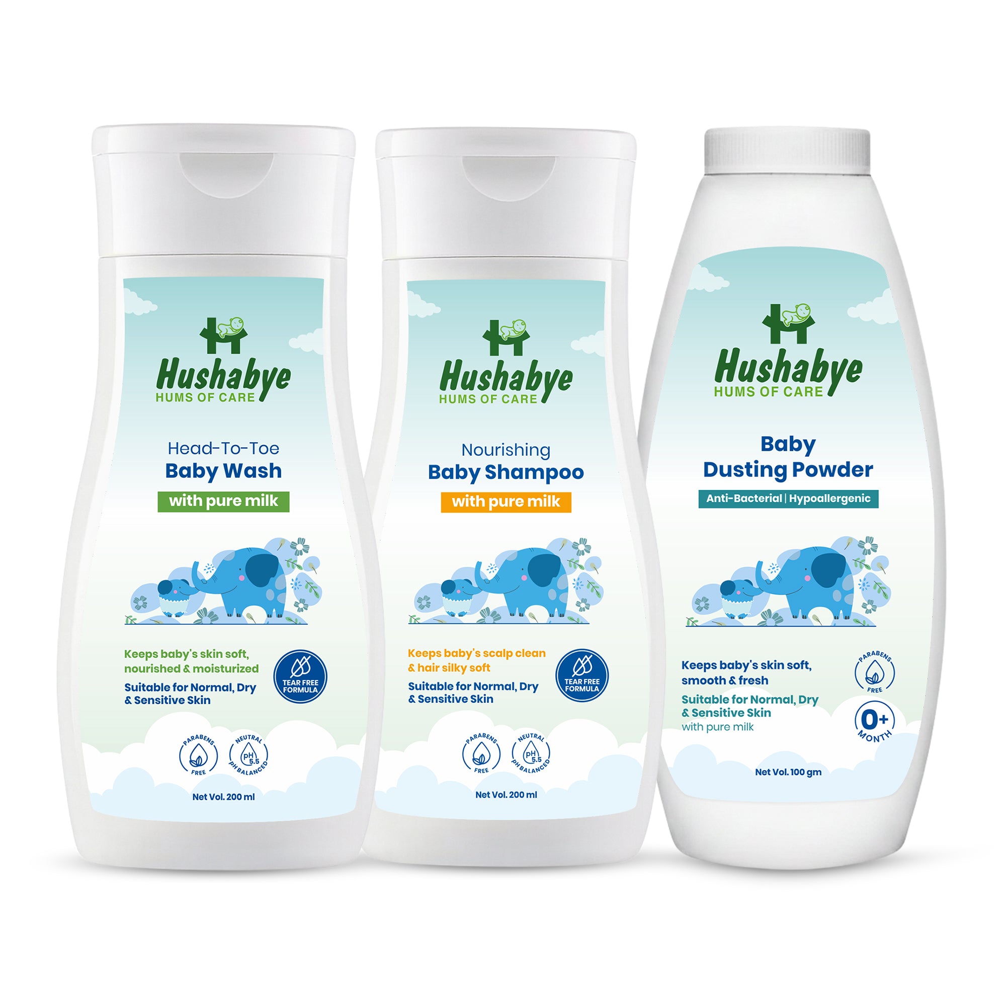 Hushabye Head to Toe Baby Wash (200ml), Nourishing Shampoo (200ml) & Dusting Powder (100g) with Milk Protein | pH Balanced for All Skin Types | Newborn Care Gift Set, Combo Pack of 3